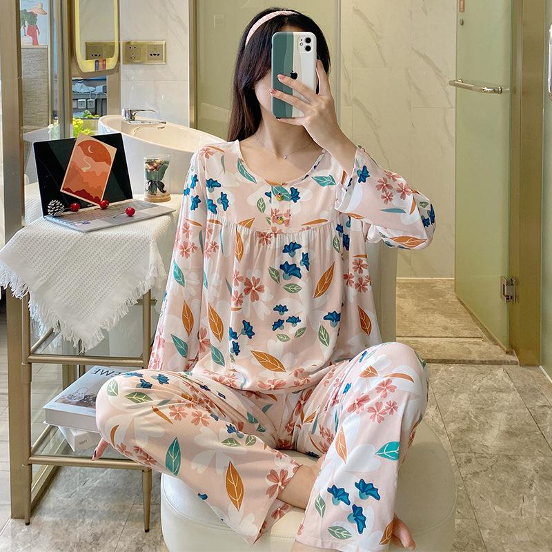 Yini shirt human cotton and silk long-sleeved pajamas women's explosive women's loungewear summer long-sleeved human cotton set clearance treatment