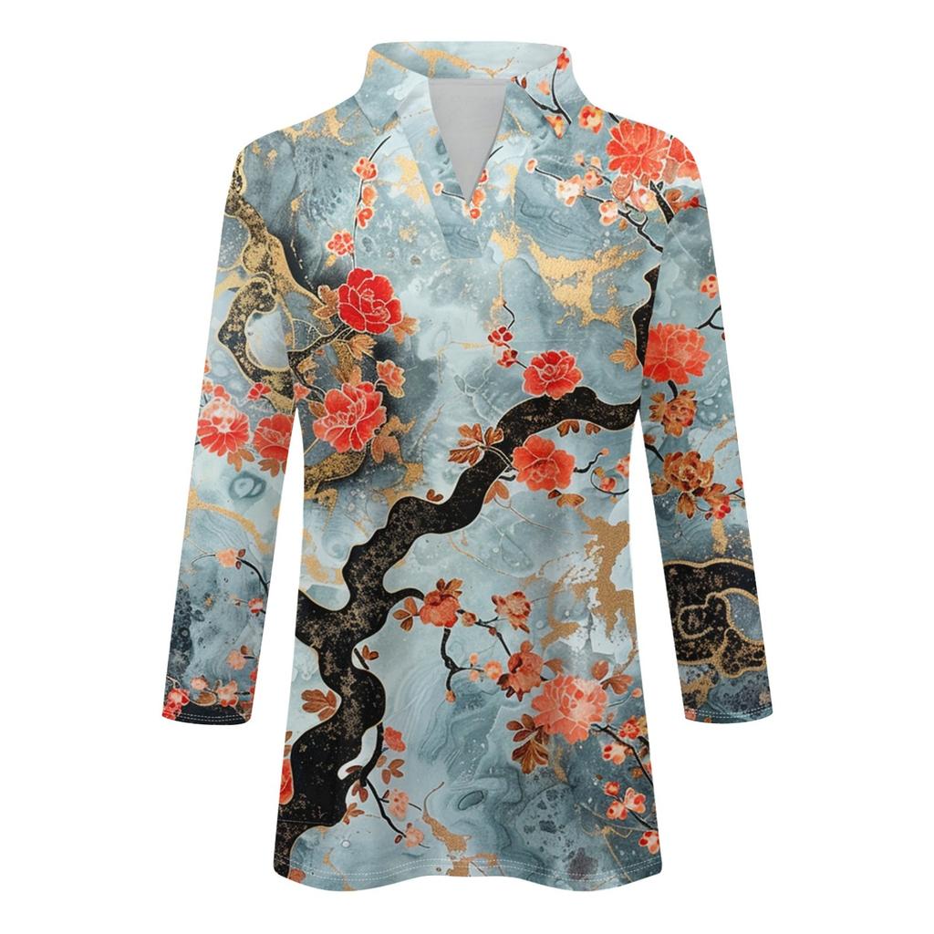 Women's Summer Fashion Casual Print V-Neck Three Quarter Sleeve Shirt Top