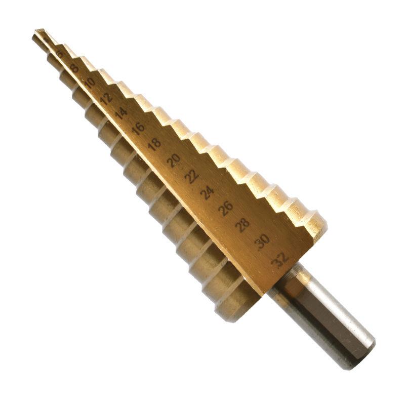 6pcs High-speed Steel 4241 Titanium Plated Step Drill Set, Triangular Handle Pagoda Drill, Woodworking Groove Saw Drill