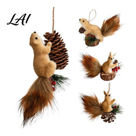 Cute Fluffy Squirrel Figurine Christmas Ornaments for Tree Felt Plush Woodland with Pine Winter Seasonal Tree Cone Hanging Forest Animal Decoration