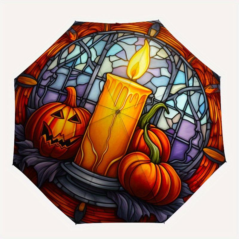 Halloween Buntglas Kerzenhalter mit KürbissenRegenschirm, Tragbarer 3-fach Kompakter Regenschirm, Weihnachtsgeschenk ES468