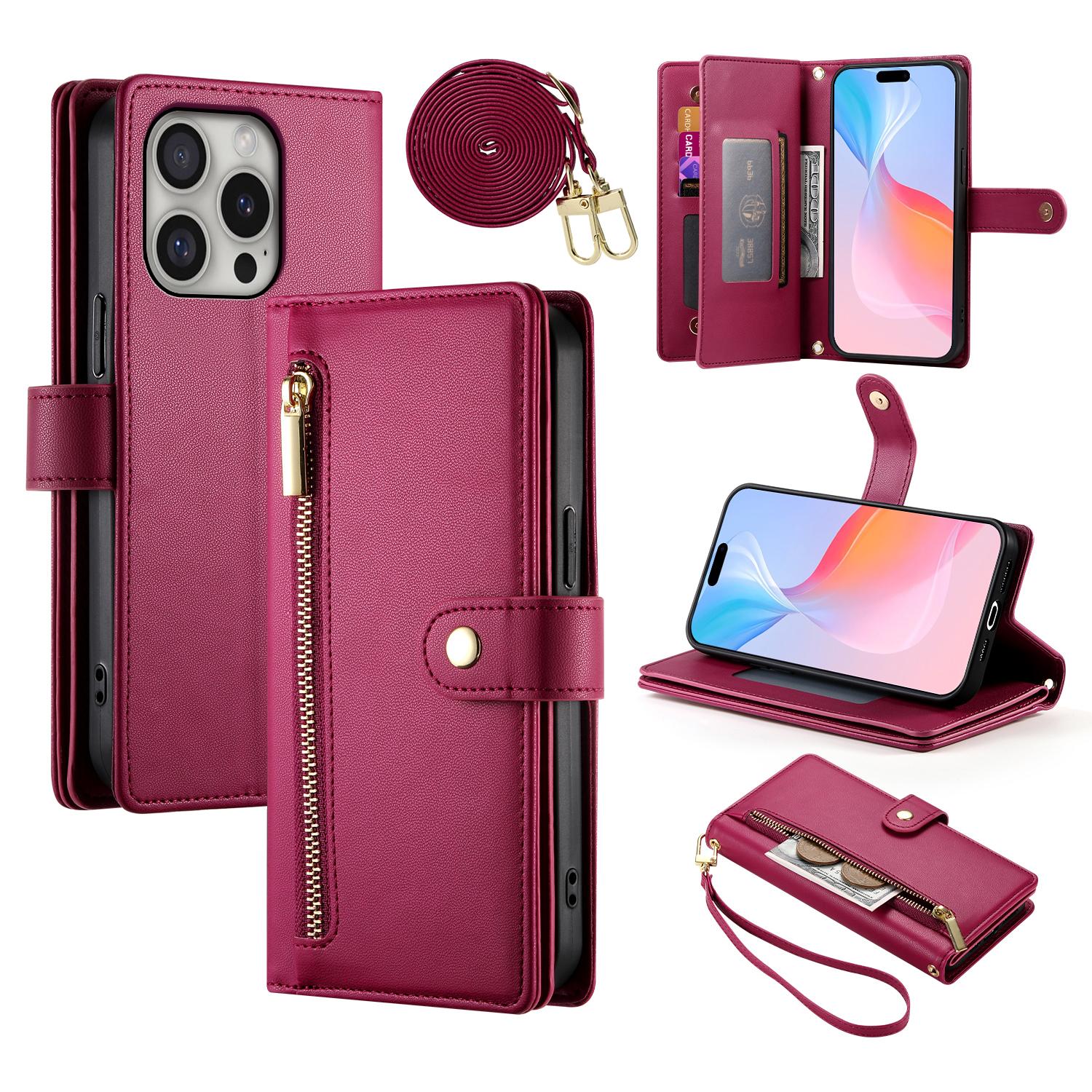 

DF-011 Чехол для iPhone 16 Pro Кожаный чехол для телефона с отделениями для карт, карманом на молнии Red