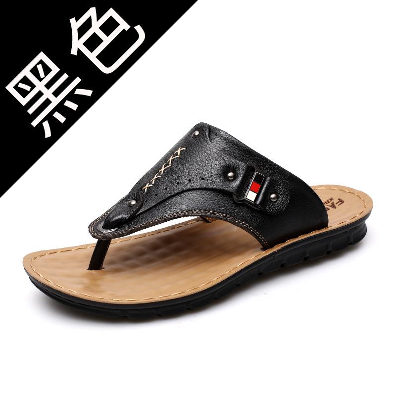 

Мужские летние новые повседневные кожаные тапочки, пляжная обувь с застежкой на носок, сандалии из коровьей кожи, модные дышащие водонепроницаемые нескользящие сандалии на мягкой подошве 38 чёрный