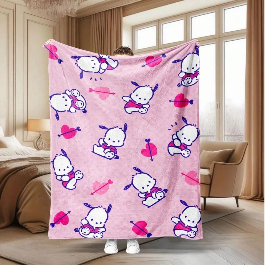 

1pc Sanrio Pochacco Heart Arrow Flannel Blanket 2D Print All Season Bedroom Living Room Camping Throw Gift 75cmx90cm