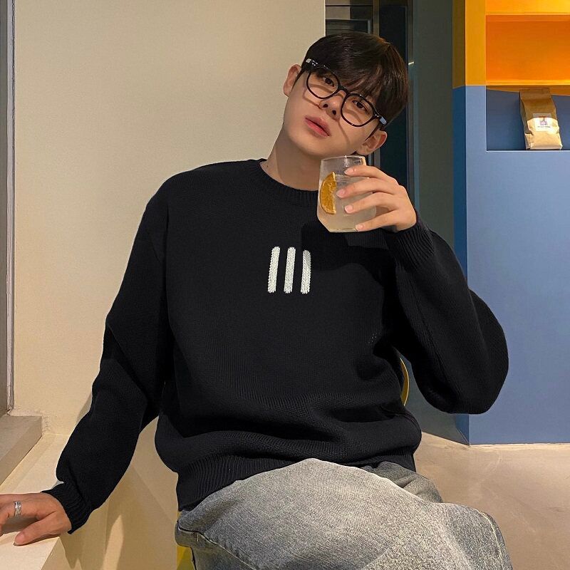 

Fog Crazy Essentials Niche American Fashion Brand Autumn and Winter Couple Knit Men s Crew Neck Sweater Ess Three Stripes Sweater Black XL