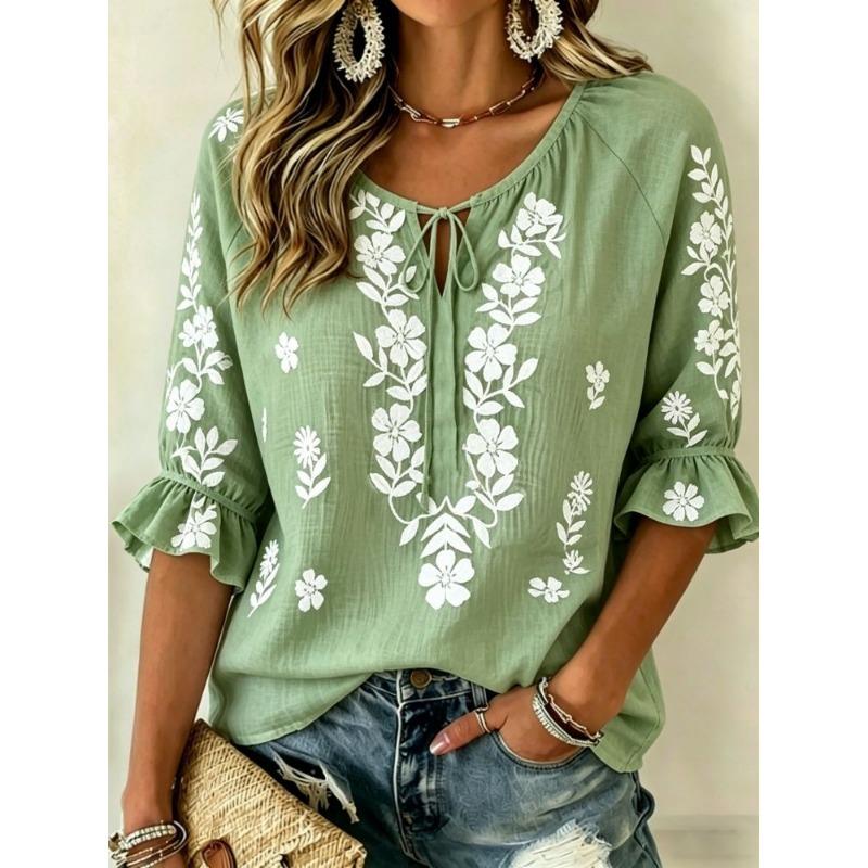 Women's Pink Floral Embroidered Tie Neck Blouse, Casual Loose Tops for Spring Summer Daily Wear & Vacation Occasions