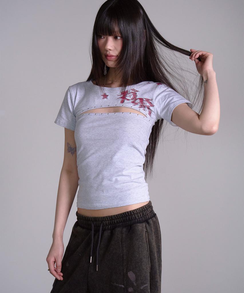 PRENDA Cut Out Star Stud Tee Gray