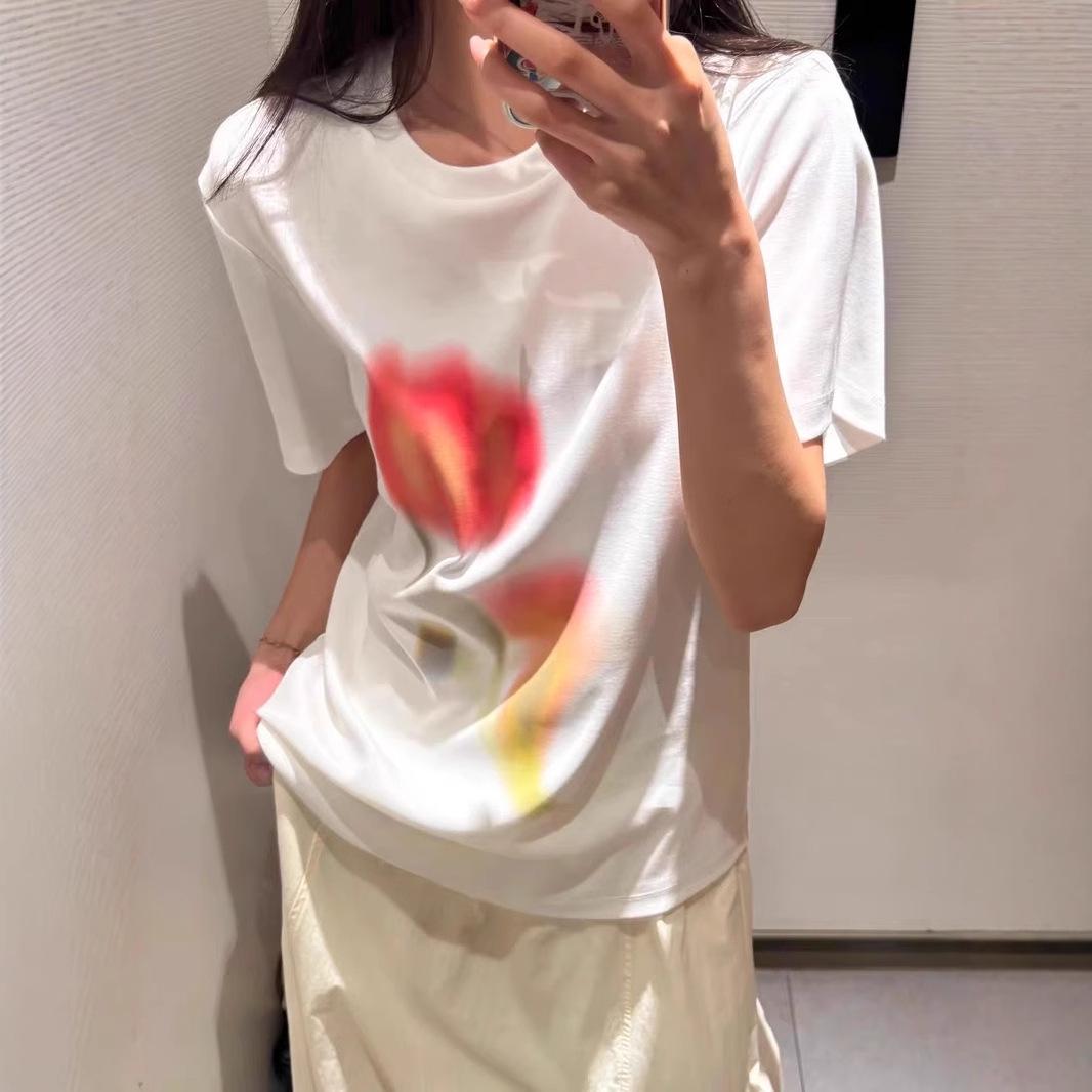 

Korean Floral Tie-Dye White Crew Neck Cotton T-Shirt L Premium белый