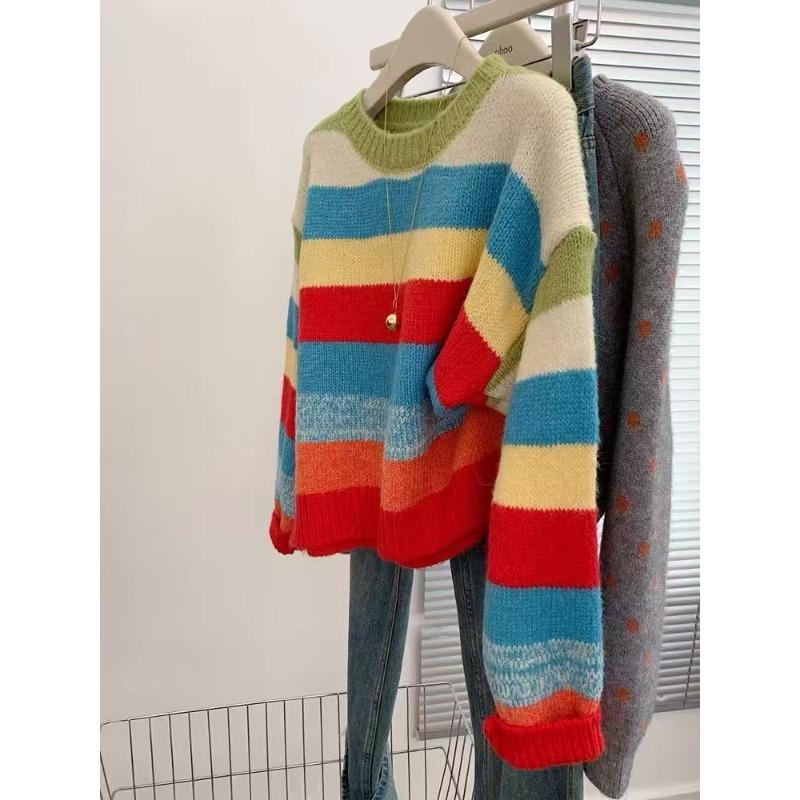

Color Striped Crew Neck Long Sleeve Pullover Sweater Women s Knitted Sweater Lazy Premium Contrasting Color Splicing Early Autumn Top L