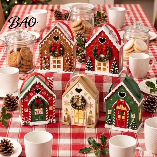Holiday Treat Containers Christmas Wonderland Cottage Gift Box, House Shaped Paper Boxes, Exchange Packaging Snack Holder with Handle for Cookies