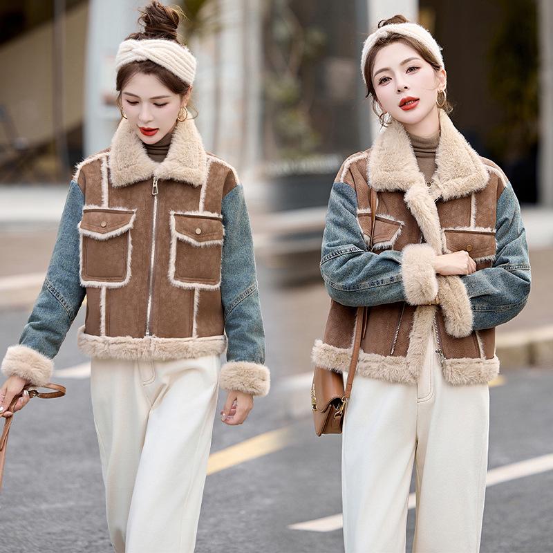 

Женская джинсовая куртка на флисовой подкладке и с отделкой из овчины, модный отложной воротник - Коллекция Осень/Зима M (for 85-115 jin)