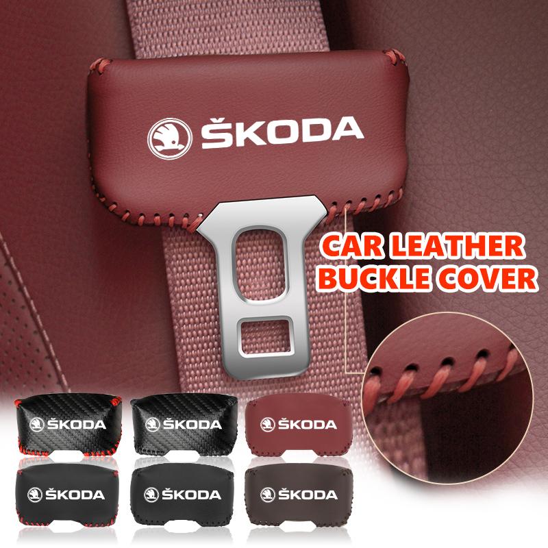 VIJT4 Car Seat Belt Buckle Cover Leather Protector Anti-collision Case For Skoda Kodiaq Octavia 2 3 Rapid Karoq Fabia Kamiq Superb