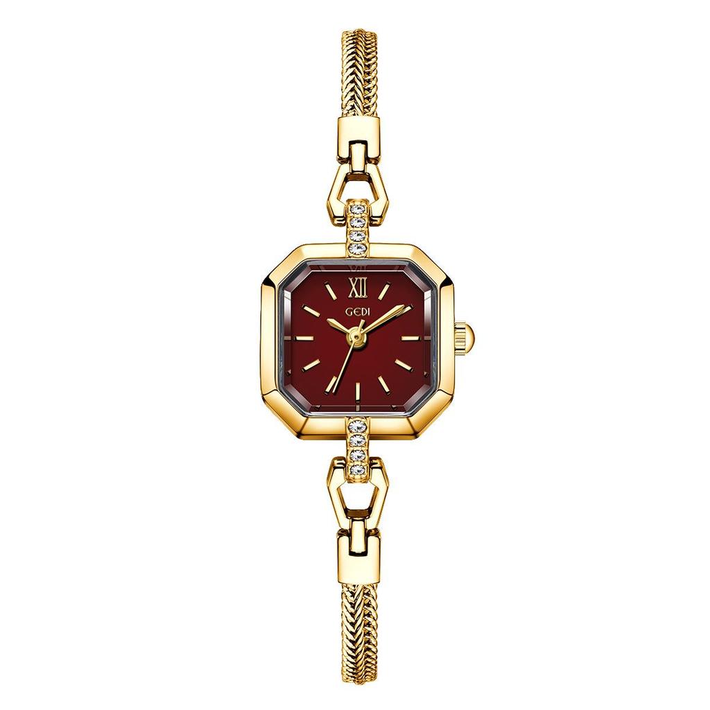 Gedi Black Octagonal Quartz Women's Watch with Rhinestone Bracelet - Waterproof Retro Wristwatch