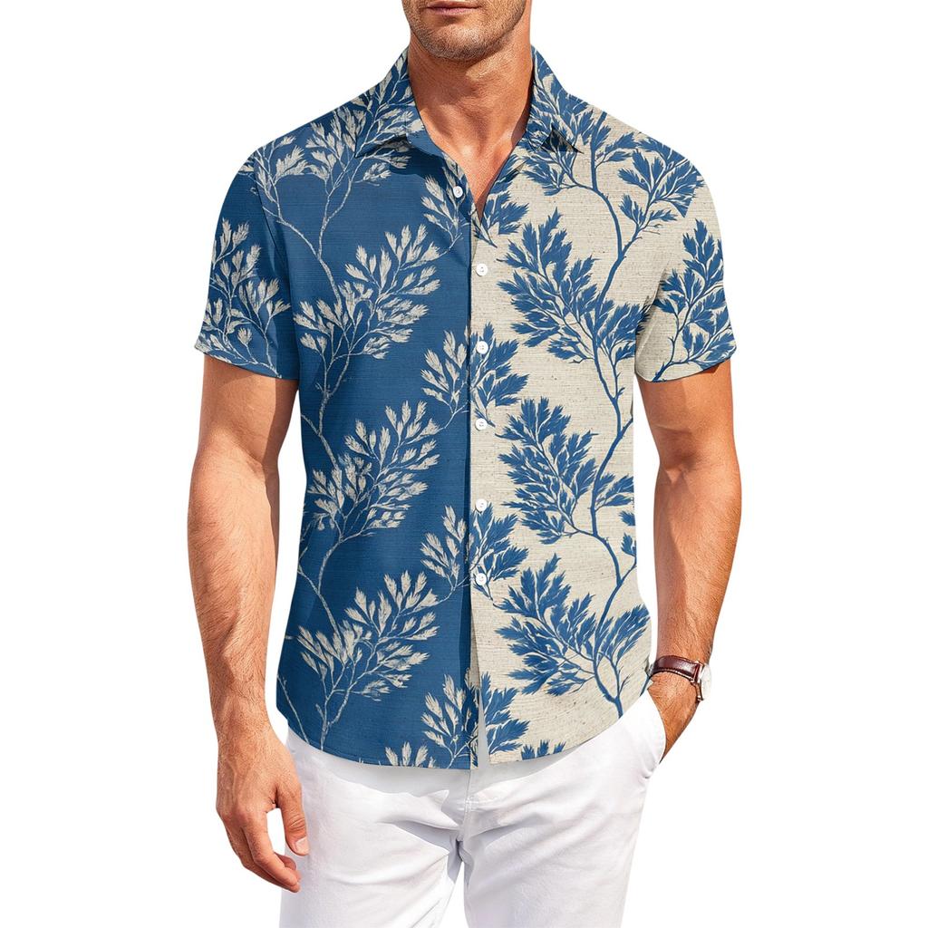 Men's Hawaiian Print Short Sleeve Shirt Casual Outdoor Button Down Collared Top Lightweight Relaxed Fit Beachwear