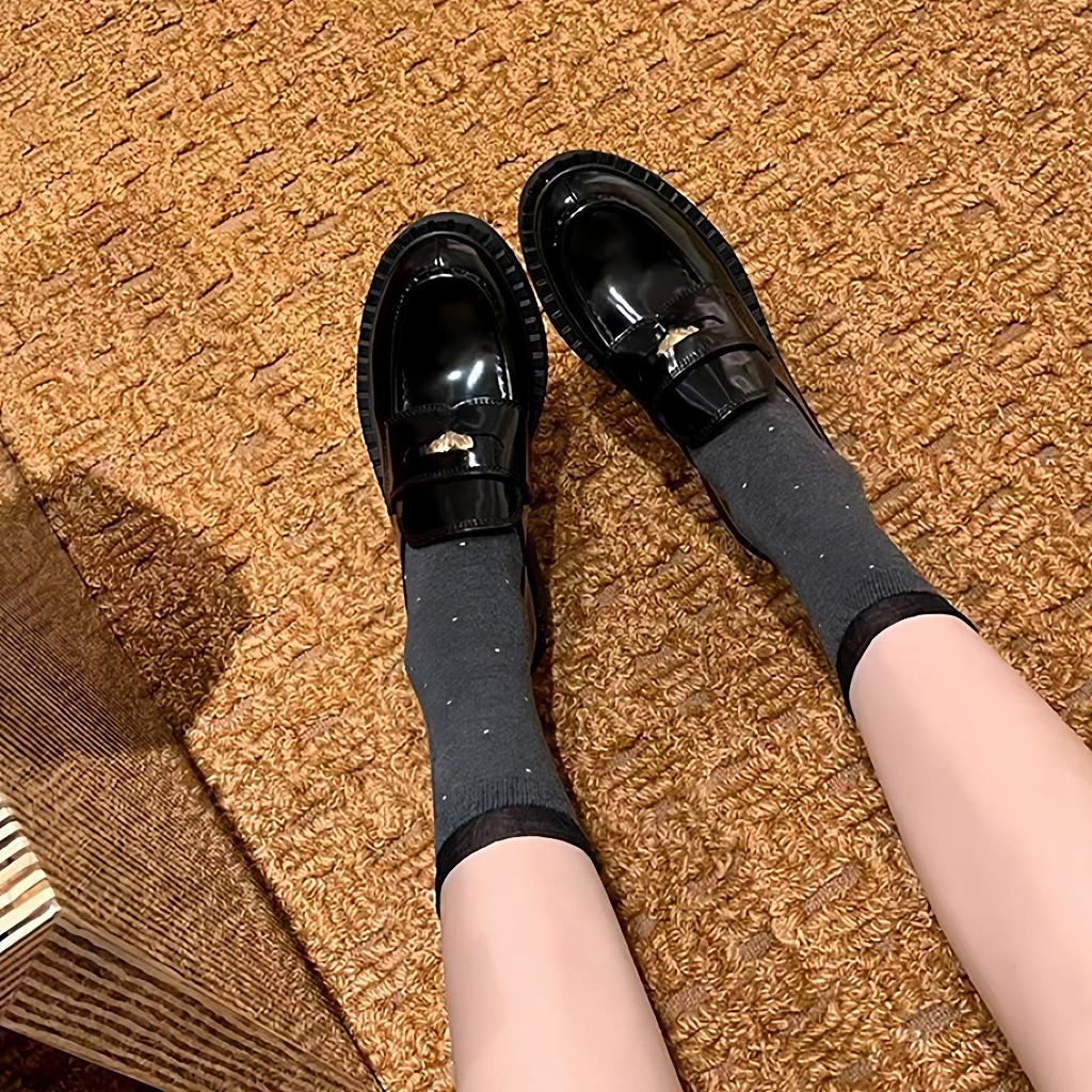 Retro British platform one-pedal loafers women's small gold coins thick heel lazy small leather shoes