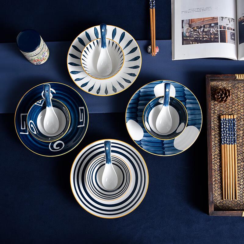 Jutao Ren Deer Blue Japanese Style Bone China Rice Bowl Set