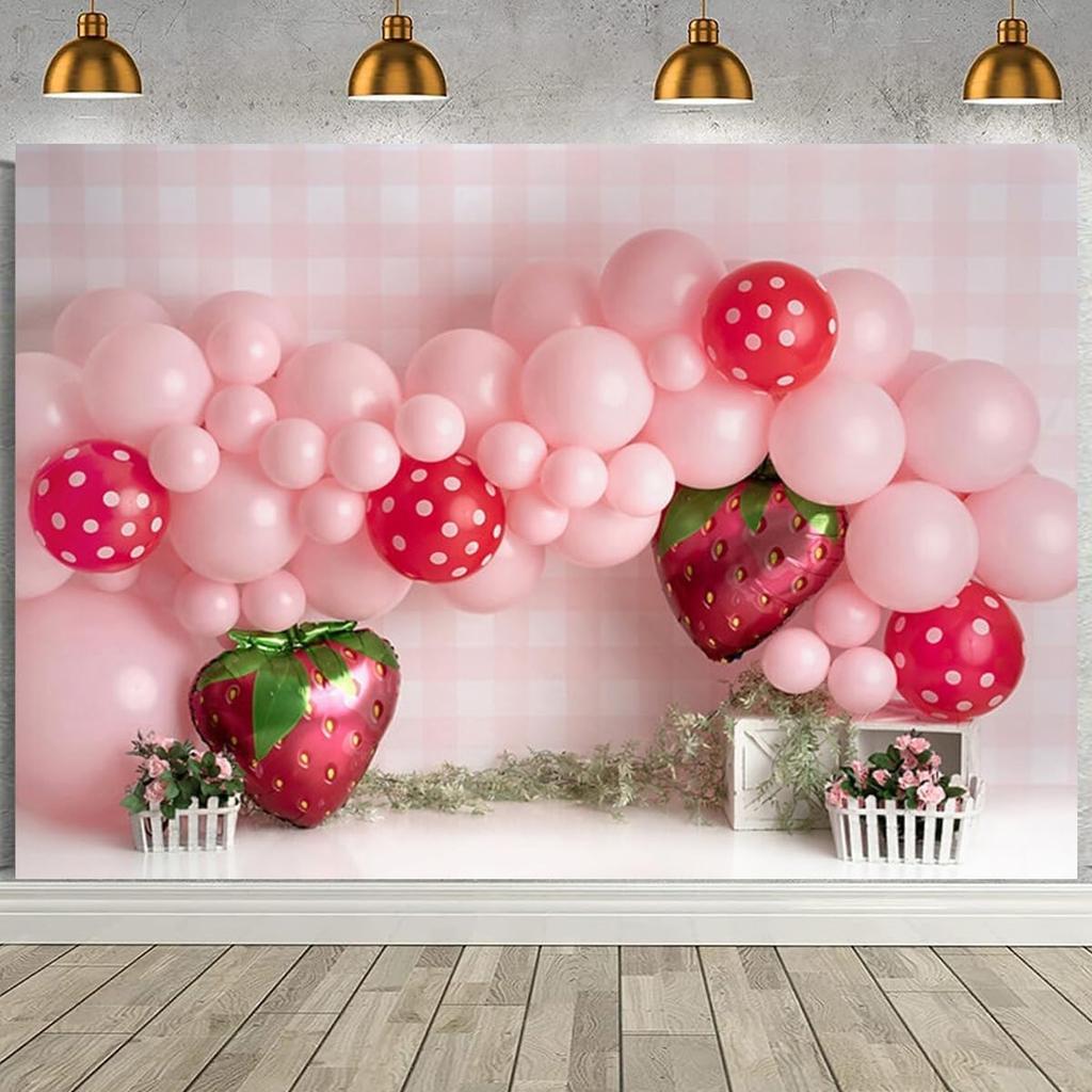 Pink Balloons Strawberry Photography Background Girls Birthday Party Decoration Sweet First Birthday Party Supplies Baby Shower Party Cake Smash