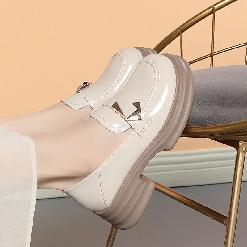 5cm British Style Shallow Soft Leather Loafers Platform Pumps Spring 2025 Med Block Heels Shoes Thick Bottom for Office Mom