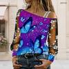 Plus Size Women Slanted Shoulder Long Sleeve Top Dreamlike Butterfly Flower Print Mesh Lace Splicing Blouse