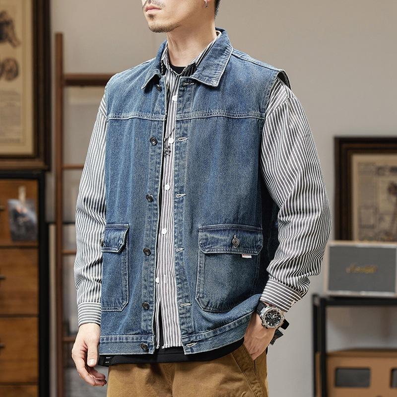 Men's Plus Size 7XL Korean Fashionable Loose Washed Denim Vest - Spring and Autumn Youth Casual Multi-Pocket Sleeveless Jacket