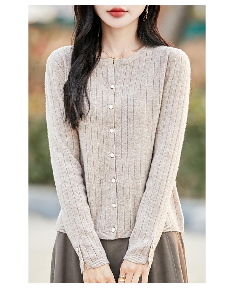 100% Pure Wool Ribbed Knit Cardigan, Round Neck, Long Sleeve, Solid Color, Loose Fit, Warm Outerwear for Autumn & Winter