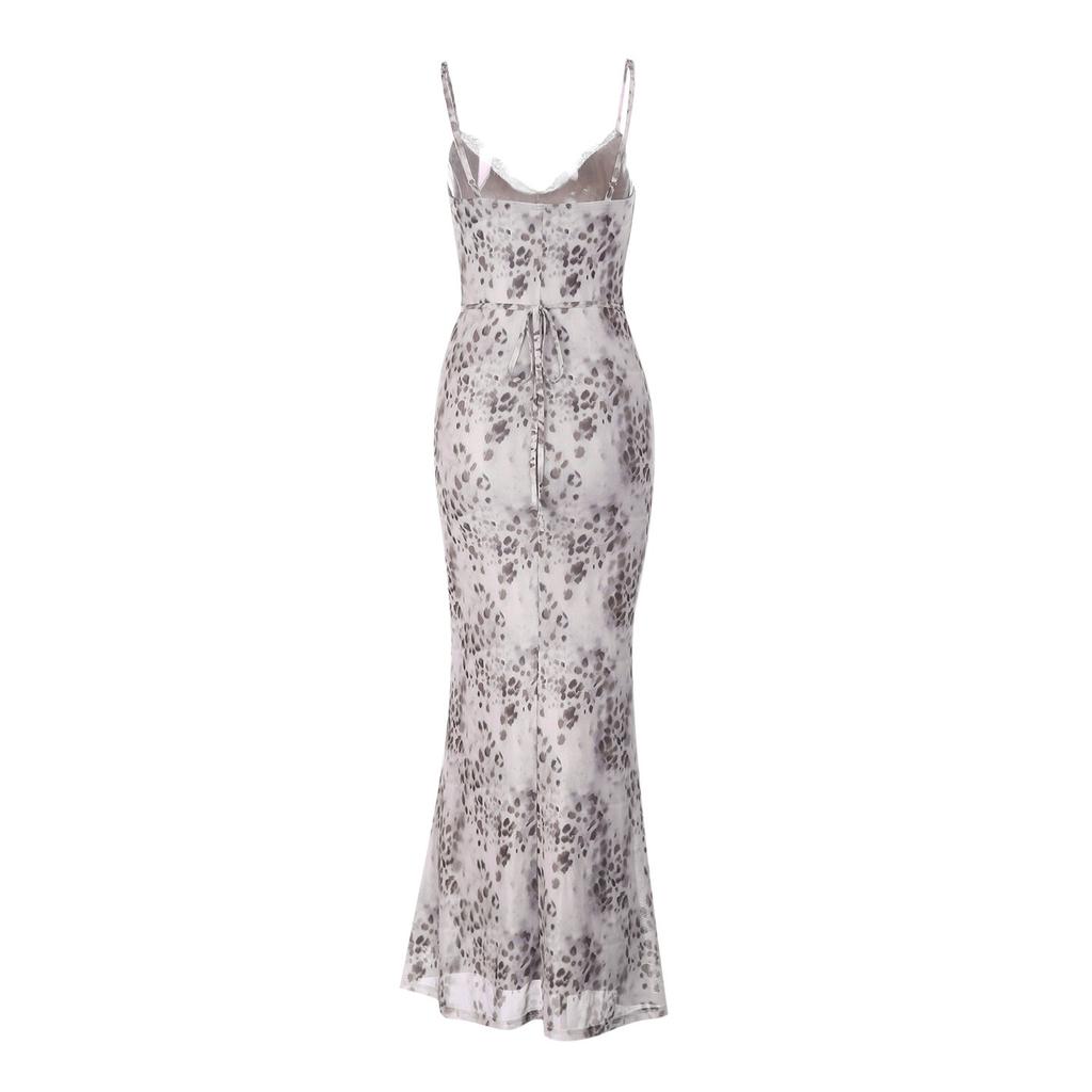 Sexy Lace Splicing V-neck Suspender Slim Dress Design Sense Pinched Waist Leopard Print Backless Lace-up Dress Women's Summer