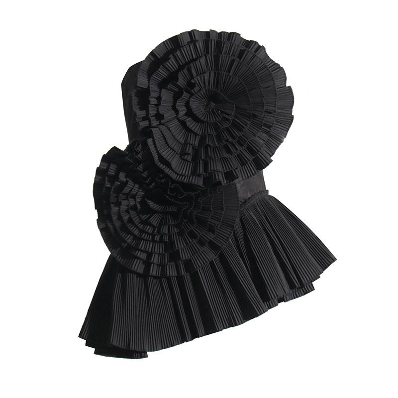 Женский топ без бретелей с плиссировкой и 3D цветочной лоскутной отделкой - Необычный дизайн, летняя короткая рубашка One Size чёрный