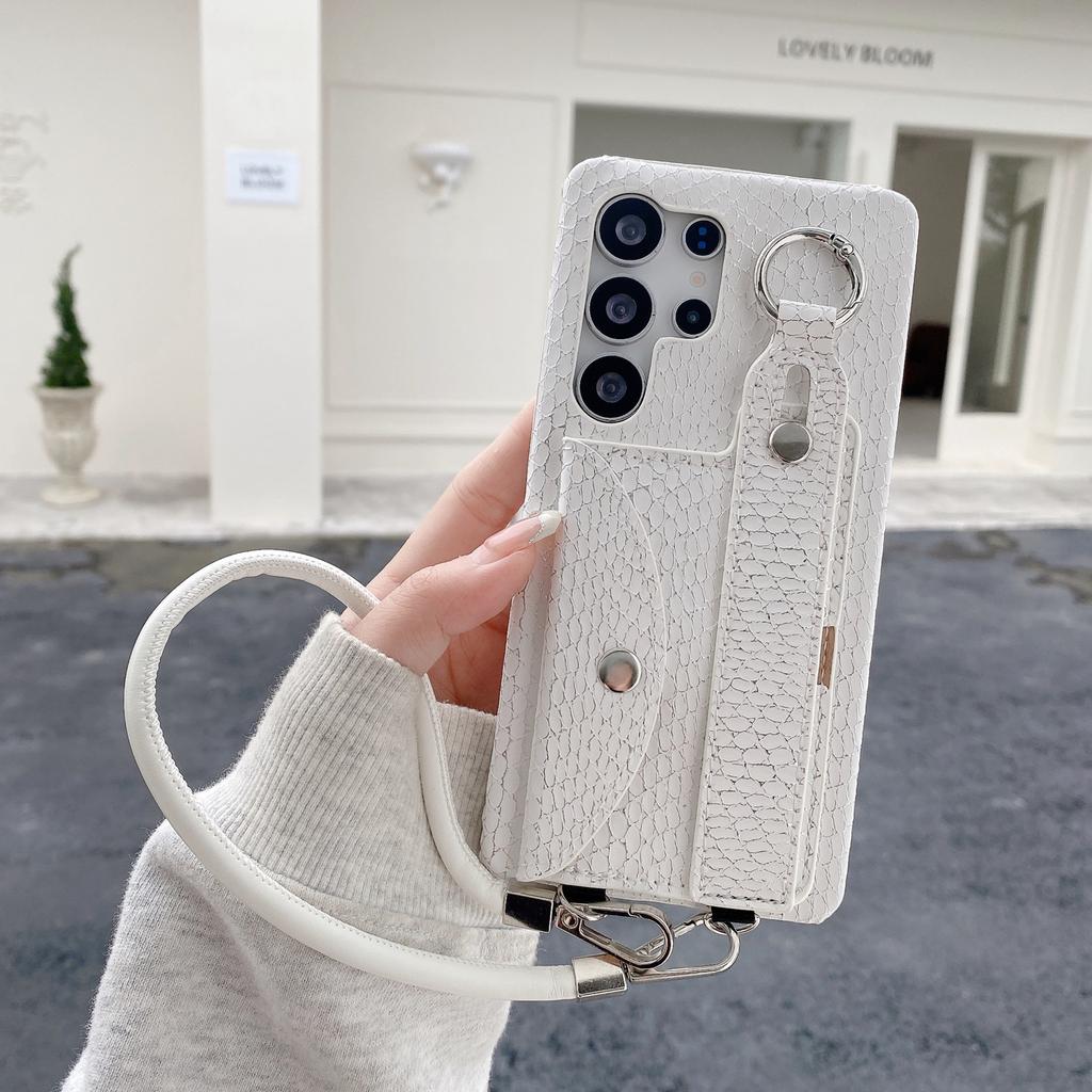 Für Samsung Galaxy S24 Ultra Hülle Kartenhalter Armband Lackierte Schlangentextur PU + PC Rückseite mit Lanyard