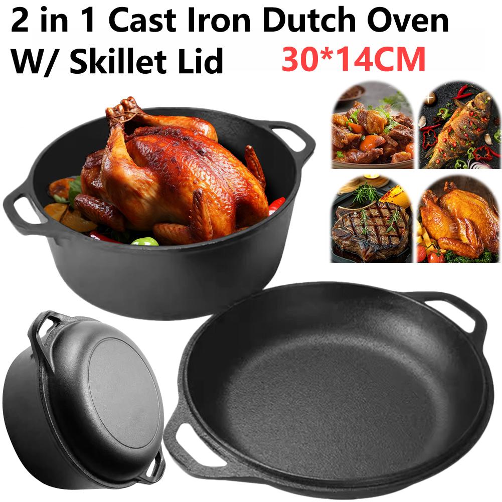 2 In 1 Cast Iron Dutch Oven with Skillet Lid Dutch Oven Pot with Dual Handles for Bread Frying Baking Camping BBQ Cookware Pan
