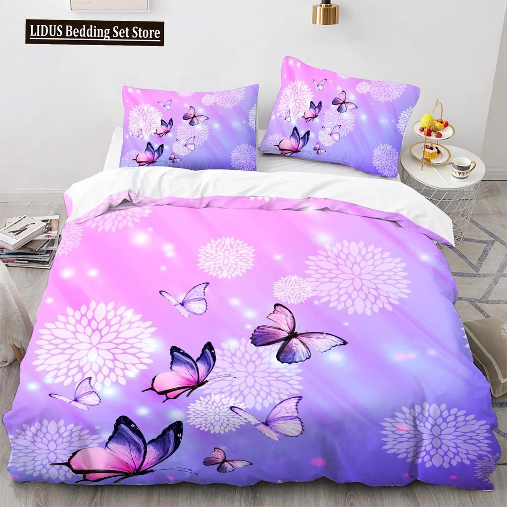 Butterfly Duvet Cover Set Full Size,Rainbow Butterfly Bedding Set For Girls,Rainbow Butterflies Comforter Cover Set,Pink Purple