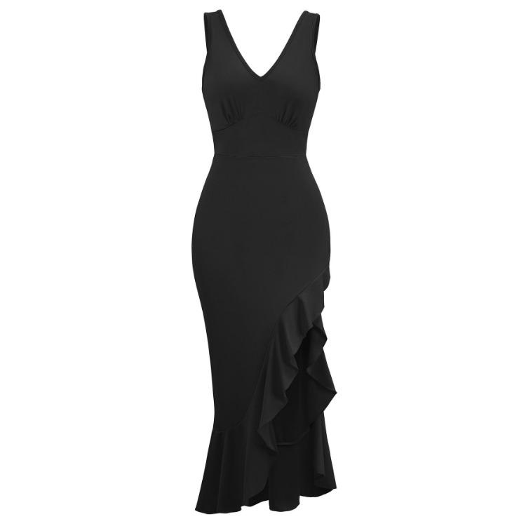 Women Summer Casual V-Neck Sleeveless Dress Solid Color A-Line High Waist Ruffle Hem Irregular Long Dresses Spring Fashion S-XL