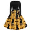 Women's Casual Vintage Dress Long Sleeve Round Neck Halloween Print A-Line Midi Dress with Waist Tie Belt Suitable for Daily Wear