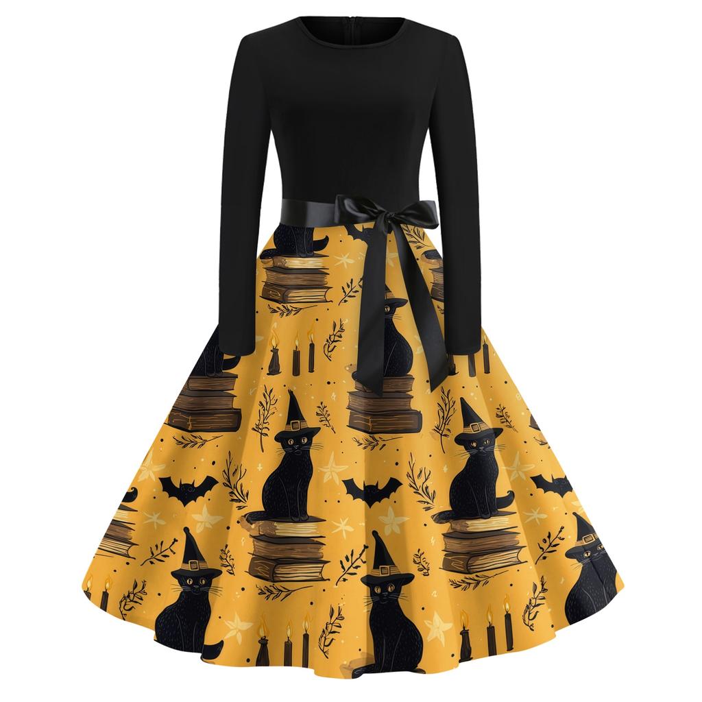 Women's Casual Vintage Dress Long Sleeve Round Neck Halloween Print A-Line Midi Dress with Waist Tie Belt Suitable for Daily Wear