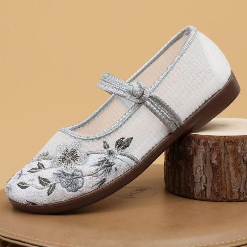 

Woman s New Flat Sole Mesh Embroidered Shoes Summer Soft Sole Round Toe Breathable Light Buckle Strap Ethnic Style Nude Shoes 35 сірий колір