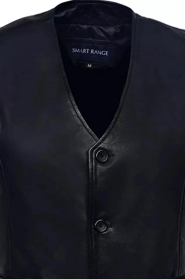 Stylish Handmade Men Hand Pocket Sheepskin Pure Leather Waist Out Wear Vest Coat