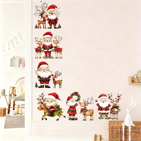 Indoor Christmas Scene Wall Stickers, Watercolor Santa Claus Reindeer Decals, Self-Adhesive Festive Decorations Stickers for Living Room Bedroom