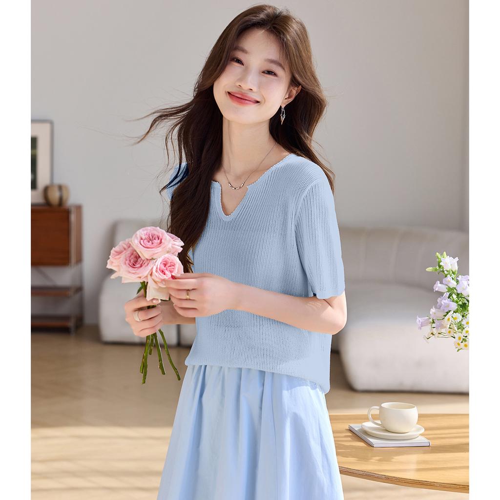 Thin high-end V-neck linen short sleeved knitted shirt, summer new casual T-shirt, pullover top, versatile women's clothing