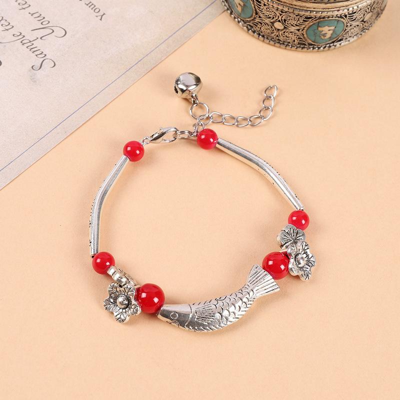 Original Handmade Turquoise Tibetan Silver Small Fish Bracelet Bohemian Retro Personality Bells Miao Silver Bracelet Women