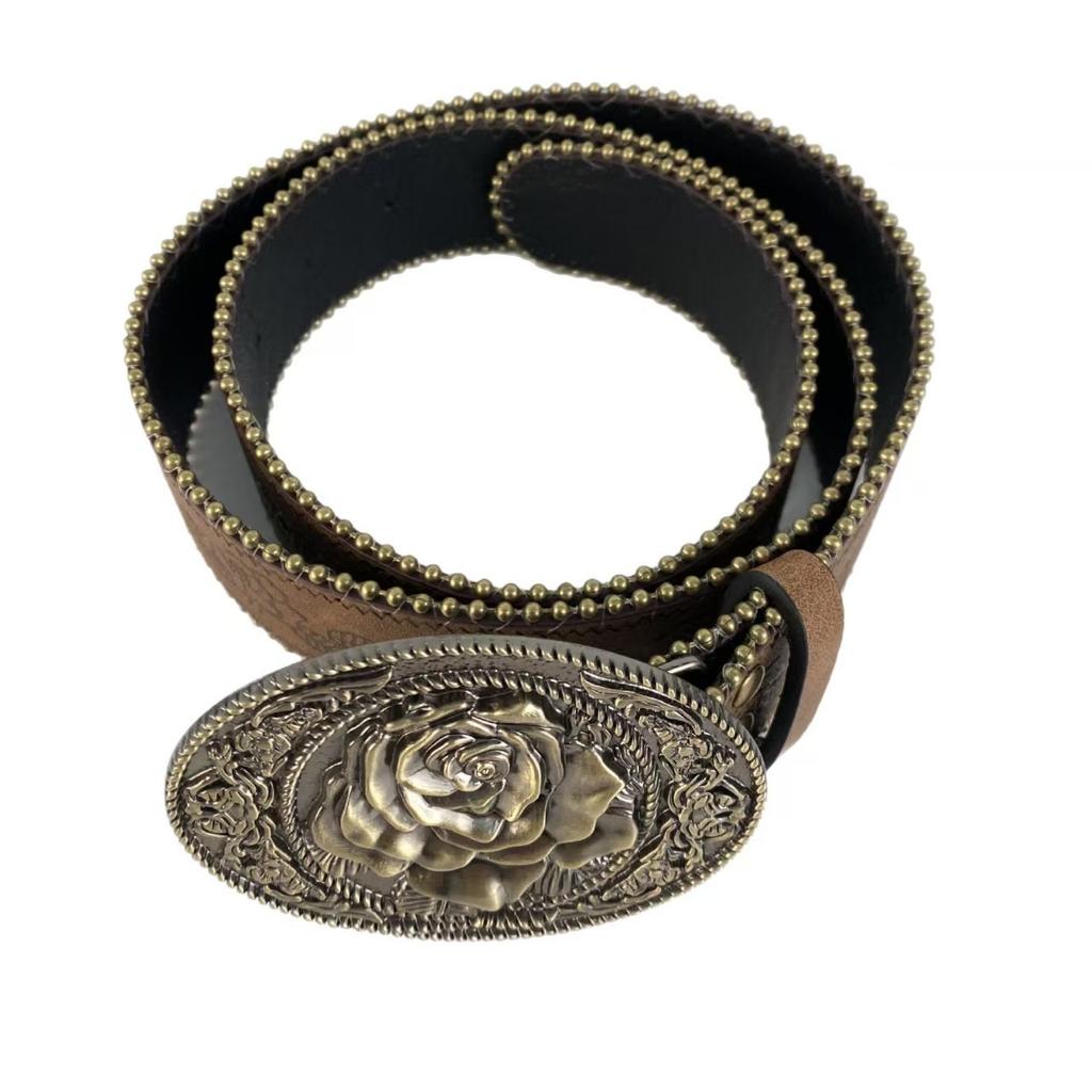 Vintage Spice Girl Ethnic Style Totem Rose Flower Metal Buckle Belt Belt Niche Mori Belt Accessories Belt Tide