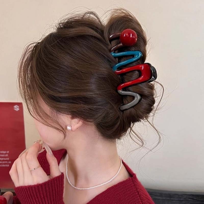 Rote Wellen-Haarklammer für Damen Koreanisch Süß Acrylperlen Große Haifischkralle Zopf Kopfschmuck Haaraccessoires