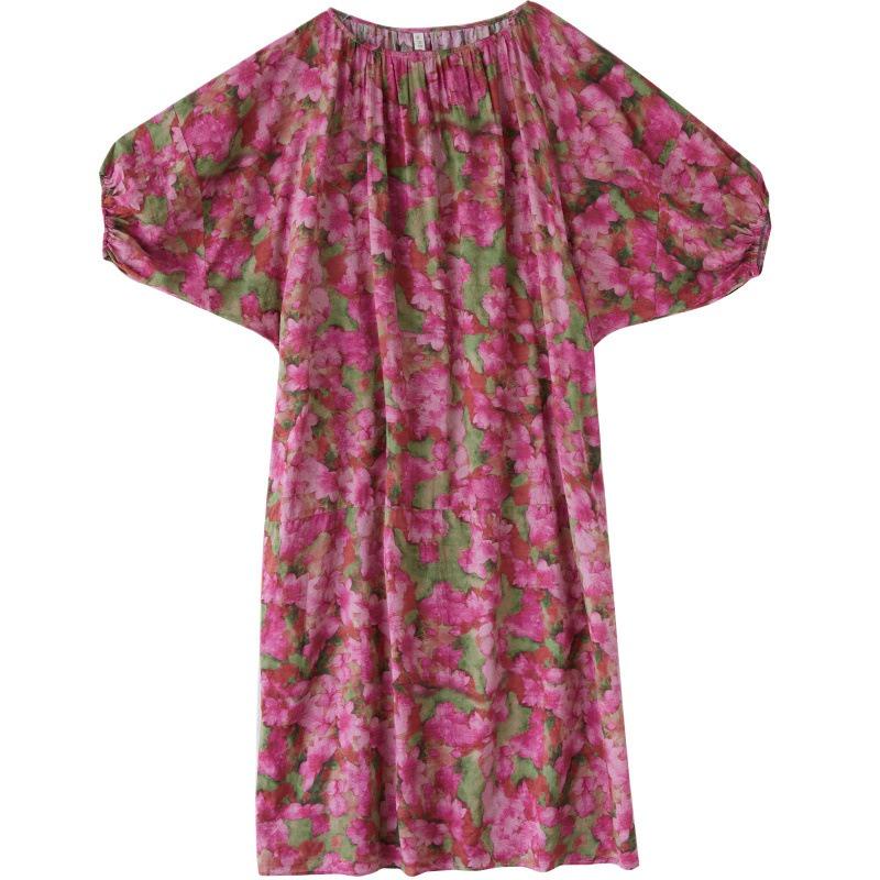 Real Shot Summer New Literary Large Size Loose Printing Round Neck Five-quarter Sleeve Dress Women's Long Dress