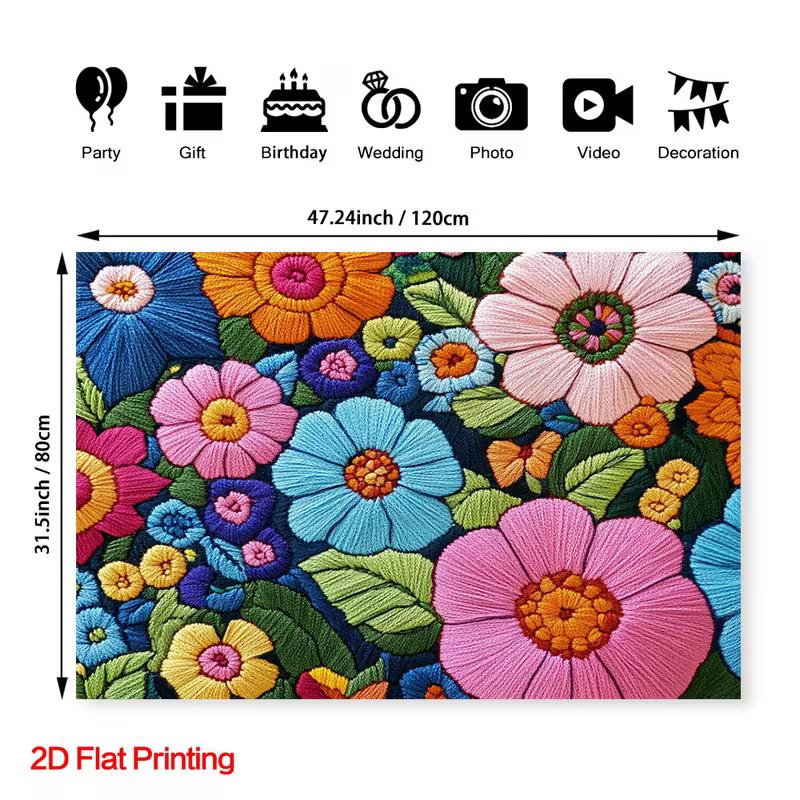 2D Printed Backdrop with Colorful Embroidery-Style Flowers and Leaves Background Cloth 47.2x31.5inch/120*80cm