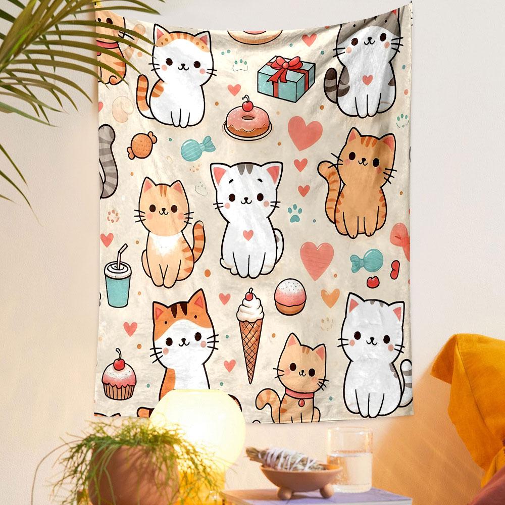 Cute Cats and Sweets Pattern Design Patterned Tapestry Decorative Wall Hanging, Home Bedroom Living Room Decor