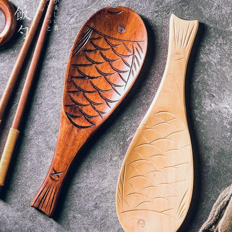 Japanese Style Wooden Rice Spoon for Serving Non Sticky Rice, High-end Solid Wood Rice Shovel for Household Kitchen, Fish Shaped Boutique Wooden Spoon