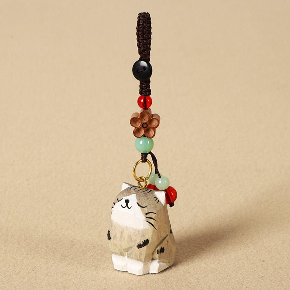 Weave Rope Wooden Carved Cat Keychain Beads Car Keyring Fashion Wood Kitty Dolls Pendant Students