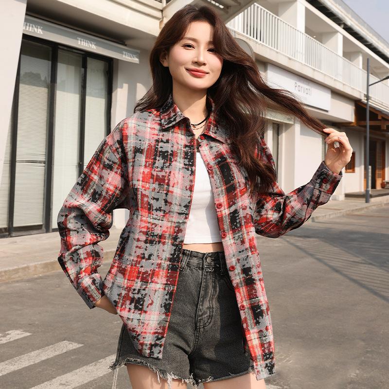 Loose Tie Dye Versatile Trendy Casual Top Shirts Jacket Spring and Autumn Checkered Long Sleeved Printed Women's Shirts