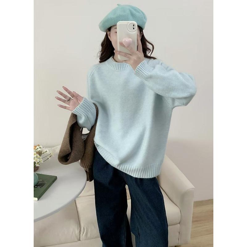 

Loose casual style knitted sweater women s autumn and winter new solid color fat MM pullover long sleeve sweater women one size fits all синий