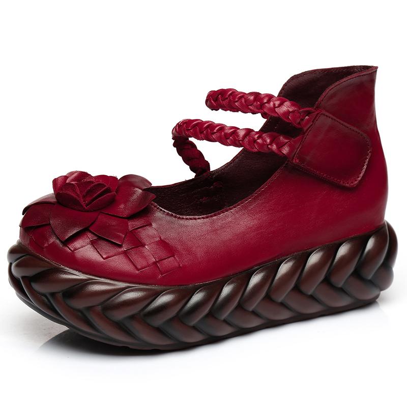 Fashion GKTINOO Women Leather High Heels Wedge Shoes Flower 2025 Autumn Pumps Women Genuine Leather Handmade Mary Jane Pumps Platform