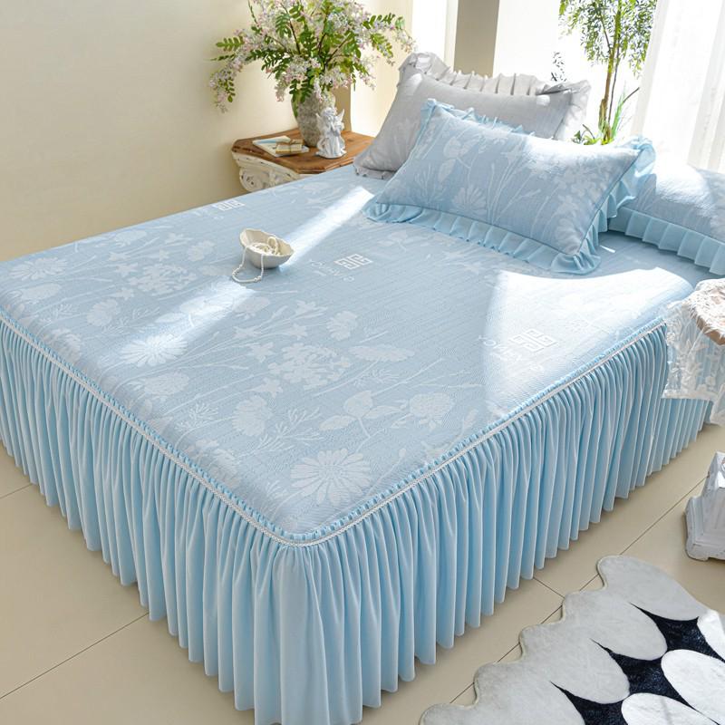 Princess Style Cooling Bed Skirt Set with Ruffled Lace Bedspread - Ice Silk Bean Mat for Summer