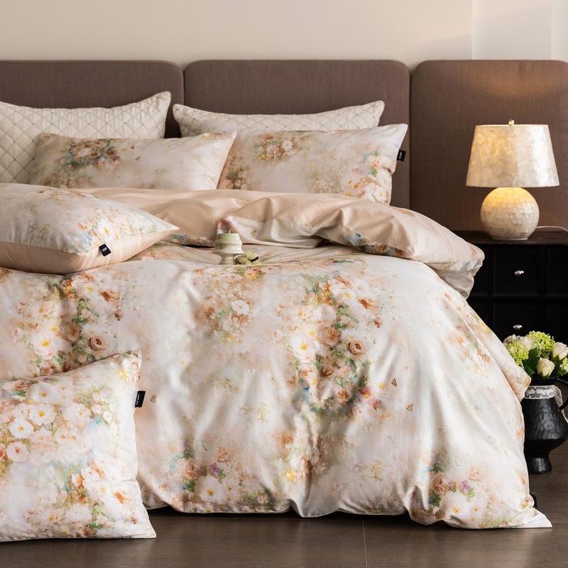 French Pastoral Oil Painting Style 100S Pure Cotton Satin Long-Staple Cotton Four-Piece Digital Printing Bedding